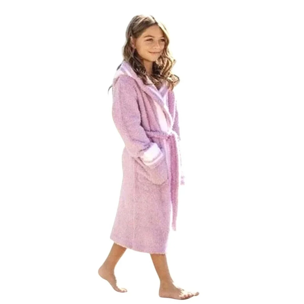Barefoot Dreams Robe Girls Sz‎ 12/14 Lavender Purple CozyChic Hooded Striped 813